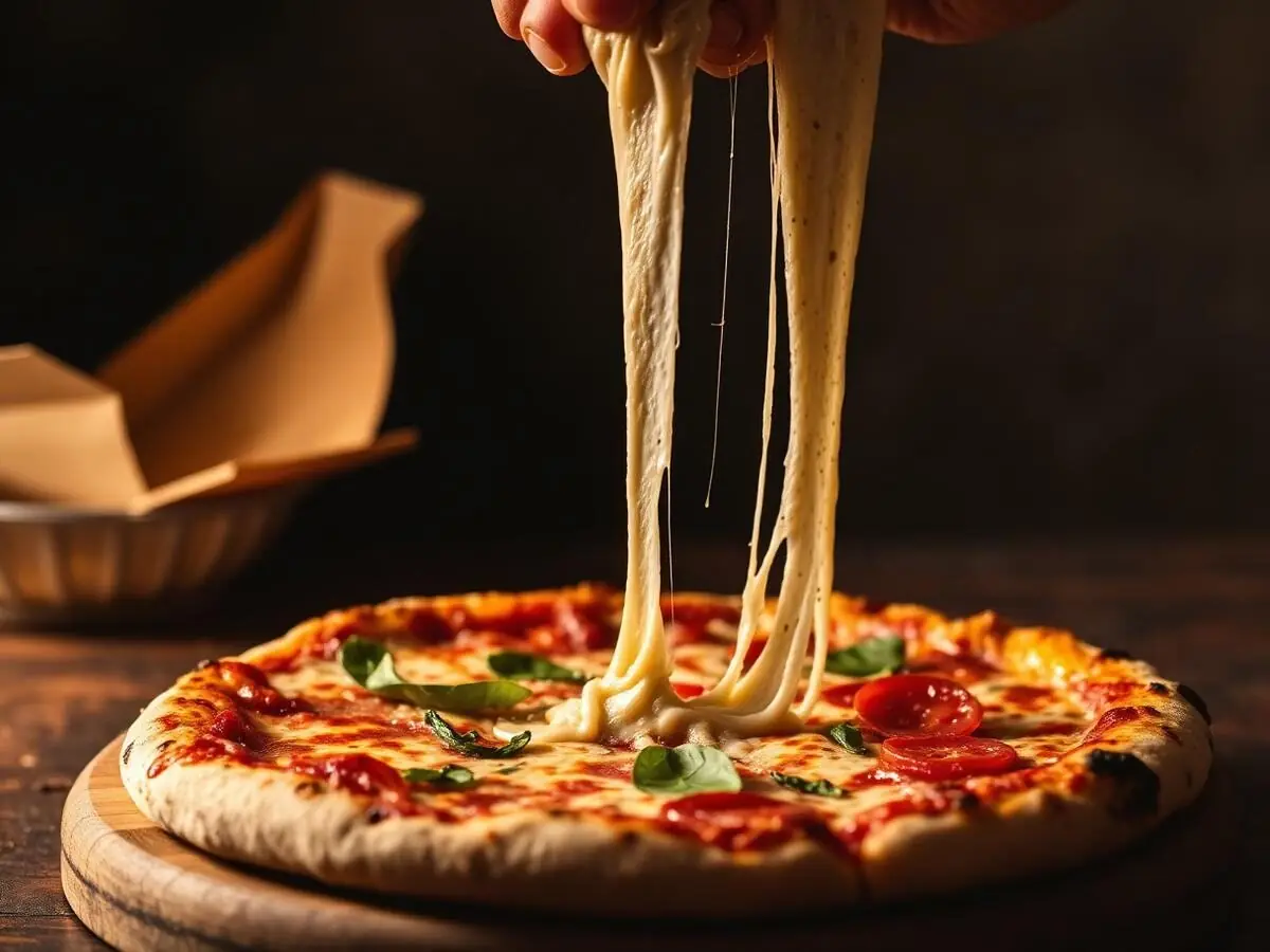Fotografia de pizza com queijo derretido para campanha de marca de alimentos – BenHur Studio Campinas