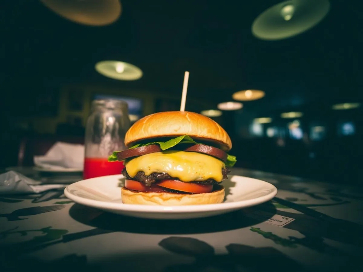 Foto amadora de hambúrguer feita com celular em iluminação de restaurante