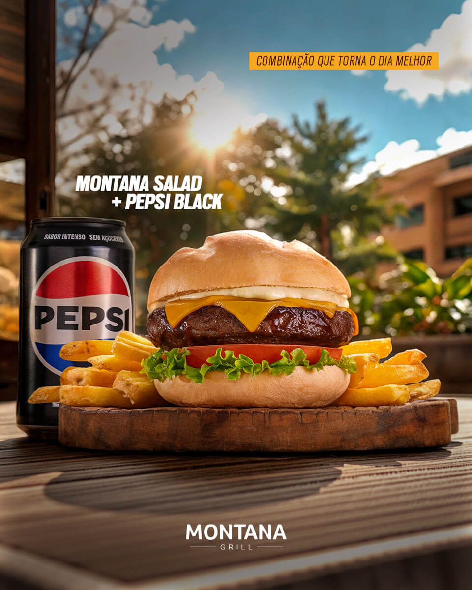 Fotografia de hambúrguer com batatas e Pepsi Black para anúncio do Montana Grill – BenHur Studio Campinas
